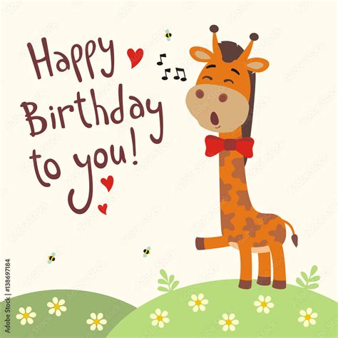 Vettoriale Stock Happy Birthday To You Funny Giraffe Sings Birthday