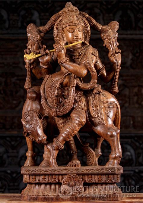 Sold Hand Carved Light Neem Wood Hindu God Gopal Krishna Playing Flute With Cow 30 99w6w