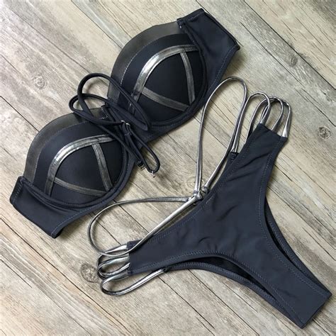 New Sexy Black Bikinis Women Bandage Bikini Set Push Up Padded Bra