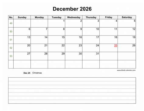 Download December 2026 Blank Calendar With Space For Notes Horizontal