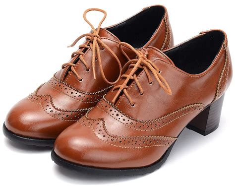 odema womens pu leather oxfords brogue wingtip lace up chunky high heel shoes dress pumps