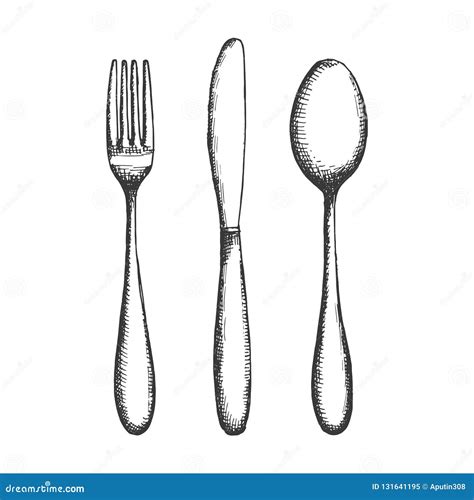 Cutlery Fork Spoon And Knife Sketch Isolated Drawing Vector Stock