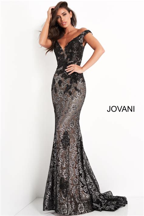 Jovani Black Metallic Lace Embroidered Prom Dress