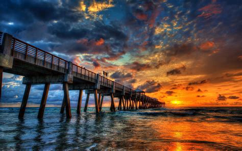 Download Horizon Ocean Sky Sunset Man Made Pier Hd Wallpaper