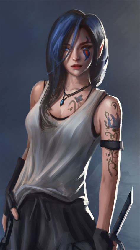 Wallpaper Artwork Fantasy Art Women Blue Hair Tattoo Blue Eyes