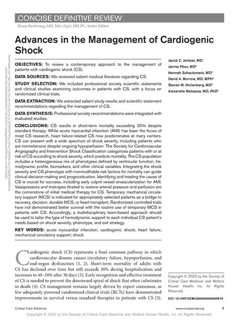 Advances In The Management Of Cardiogenic Shock Critical Care