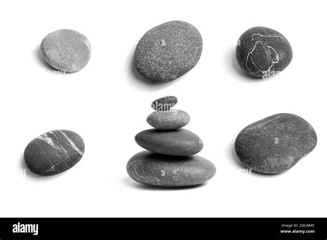 Set Of Sea Pebbles Single And Balancing Stones Smooth Gray And Black