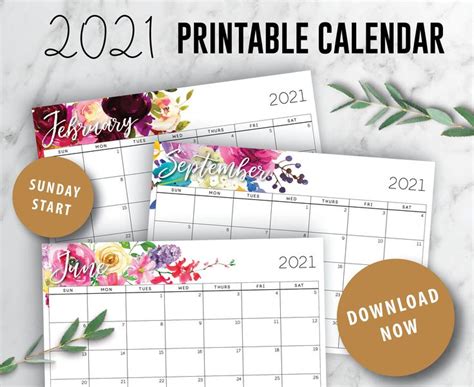 2021 Printable Calendar A4 12 Month Calendar Wall Art 7 Day Monthly
