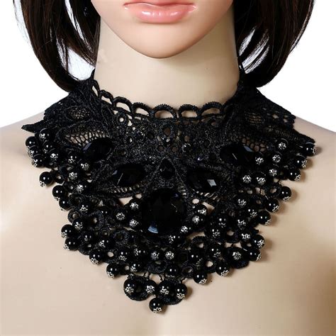 Halloween Black Lace Heavy Gem Beads Pendent Choker Necklace Women