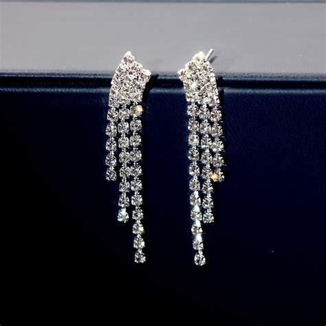Wedding Tassels Long Earrings Shiny Silver Rhinestone Crystal Dangle