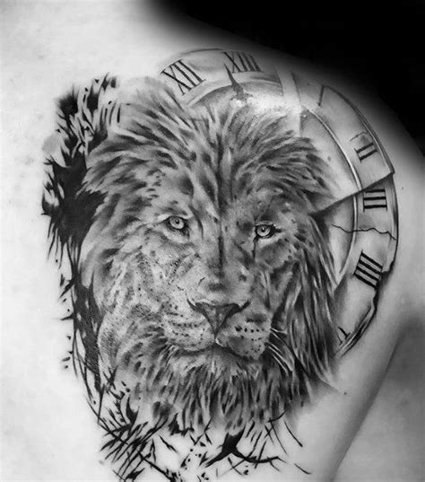 Lion With Roman Numeral Clock Guys Shoulder Tattoos Lion Chest Tattoo