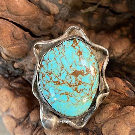 Large Spider Web Turquoise Ring In Sterling Silver Navajo Size 7