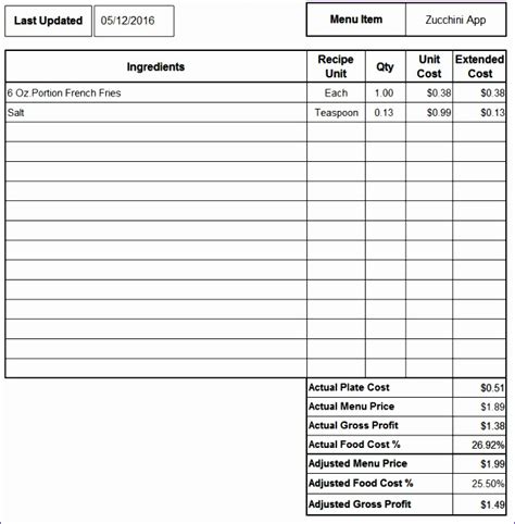 Excel Recipe Costing Template Printable Templates