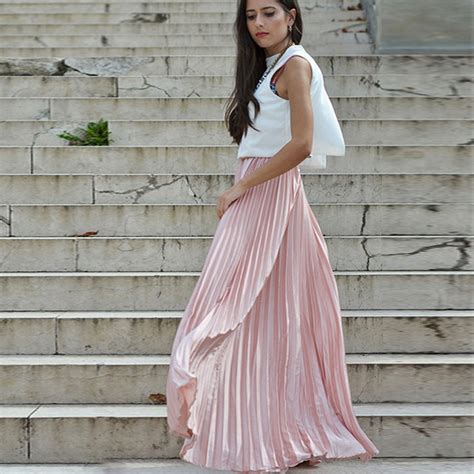 Light Pink Pleated Floor Length Long Skirt 2018 Summer Style Chiffon