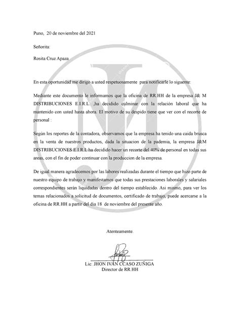 Carta De Despido Carta De Despido Por Recorte De Personal Puno