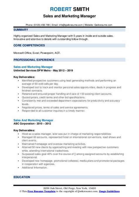 Sales And Marketing Manager Resume Samples Qwikresume