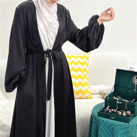 Ramadan Eid Abaya Silk Satin Kimono Muslim Cardigan Full Dress Long