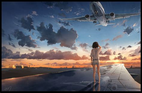 Wallpaper Anime Girls Airplane Train Sky Clouds 2048x1342