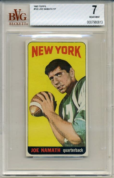 <p>1965 topps joe namath (error) rookie card. 1965 Topps Football #122 Joe Namath Rookie Card BVG 7 | Football and Cards