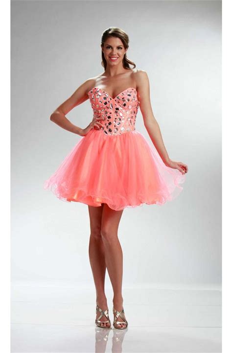 Puffy Strapless Sweetheart Short Coral Tulle Beaded Cocktail Prom Dress