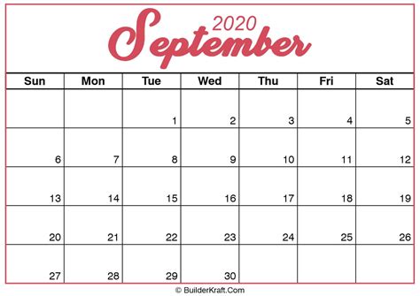 September 2020 Calendar Printable Template Builderkraft