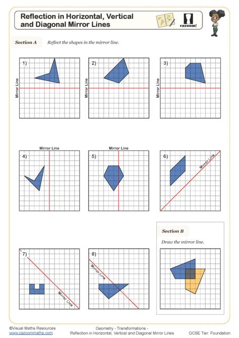 Reflection In Horizontal Vertical And Diagonal Mirror Lines Worksheet