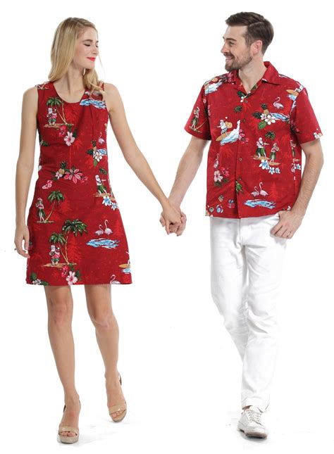 Couple Matching Men Aloha Shirt and Women Dresses in Santa Red ...
