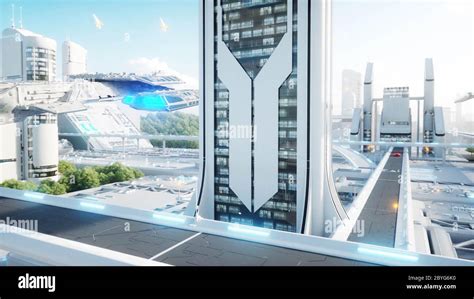 Futuristic city, town. The concept of the future. Aerial view. 3d