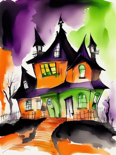 Premium Photo Halloween Haunted House Watercolor Painting