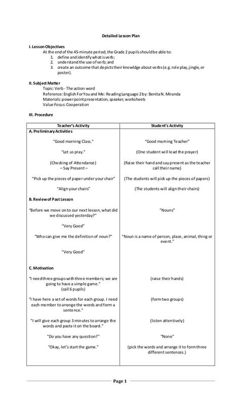 Example Of Detailed Lesson Plan In English Grade 2 2nd Grade Lesson