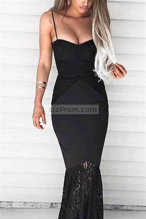 Sexy Black Lace Mermaid Spaghetti Straps Evening Prom Dress Lizprom
