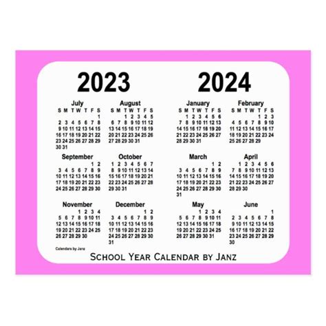 2023 2024 Pink Mini School Calendar By Janz Postcard