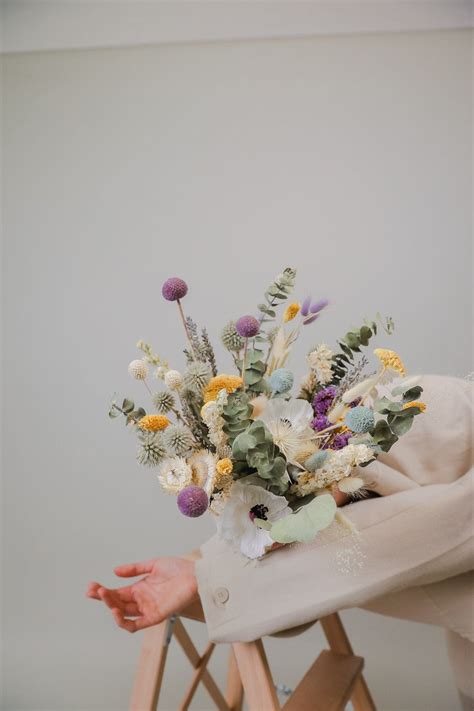 Black Eyed Anemone And Dried Eucalyptus Wildflower Bridal Bouquet Lila