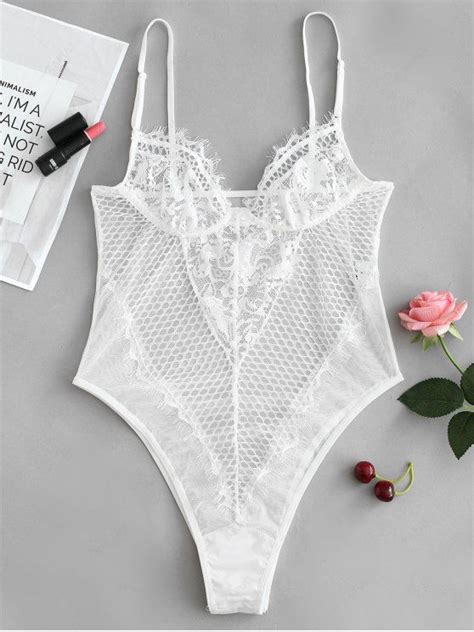 [15 off] 2021 snap crotch sheer lace teddy lingerie bodysuit in white zaful