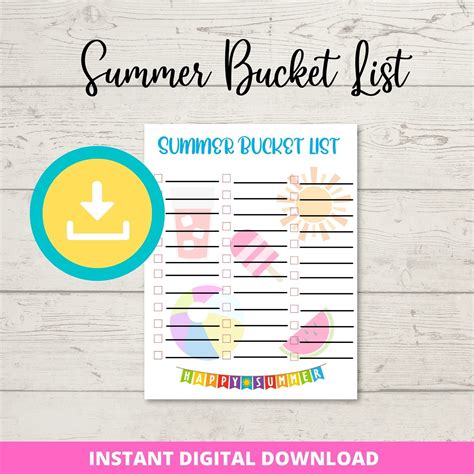 Printable Blank Summer Bucket List Etsy