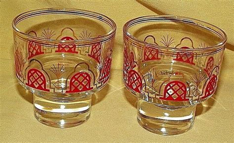 Italian Glass Set 2 Red Retro Mcm Gold Barware Footed Pedestal Stackable Bar Glass Set Beer