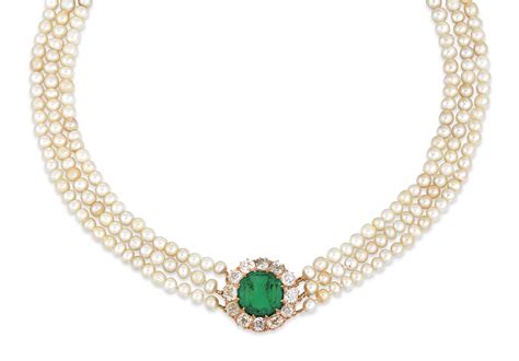 Late 19th Century Natural Pearl Emerald And Diamond Necklace Christies