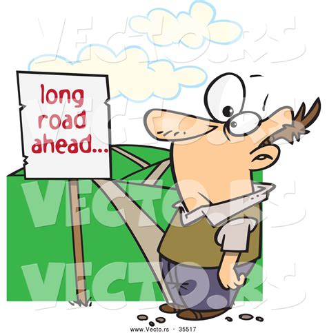 Vector Of A Cartoon Man Facing A Long Road Ahead Sign By