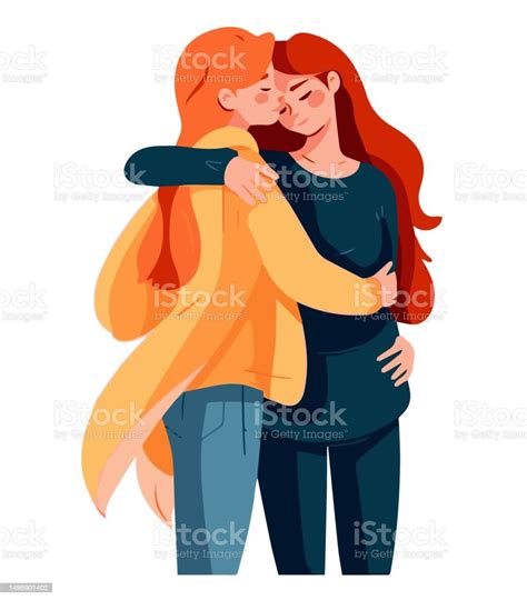 Couple Of Young Lesbian Girls Hugging Each Other Isolated On White
