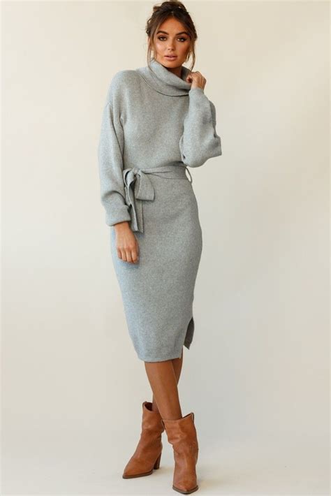 Marco Long Sleeve Turtleneck Knit Midi Dress Grey Winter Dress Outfits Knit Midi Dress Grey