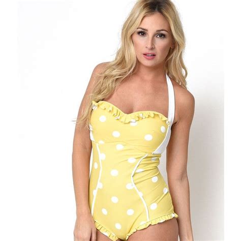 Unique Vintage Yellow Polka Dot Rosalind Halter One Piece Swimsuit