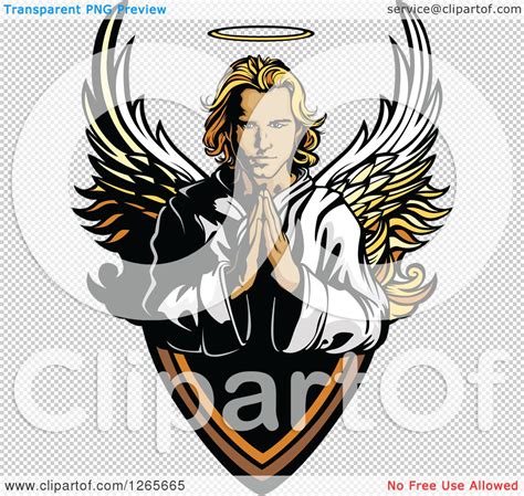 Clipart Of A Blond Caucasian Male Angel Praying Over A Shield Royalty