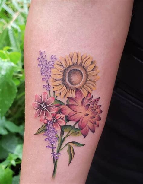 Yellow and orange always look great together as is proven here with a simple flower. Colorful Sunflower Bouquet Tribute Tattoo in 2021 | Sunflower tattoos, Tribute tattoos, Tattoos