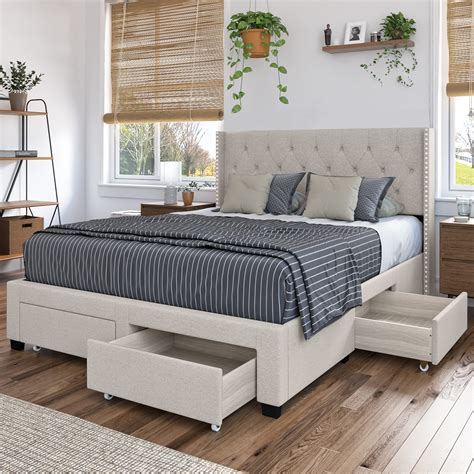 Buy Dg Casa Bardy Upholstered Panel Bed Frame With Storage Drawers And
