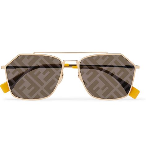 Fendi Aviator Style Logo Print Gold Tone And Acetate Sunglasses Gold Fendi