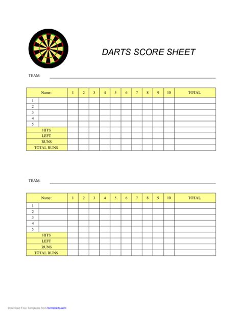 Printable Dart Board Score Sheet