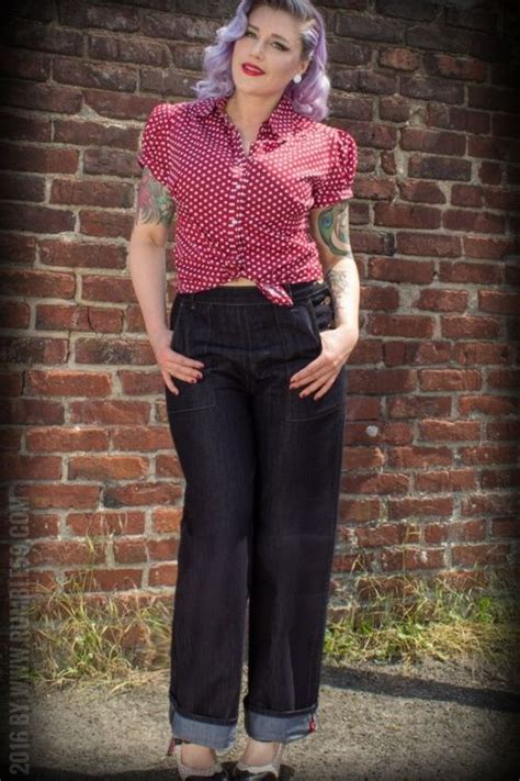 Dark Denim Jeans And A Tie Blouse Vintage Pinup Camping Outfit Rockabilly Outfits Tiki Dress