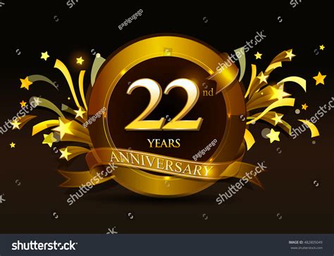 22th Anniversary Celebration With Golden Ring And Ribbon Stock Vector