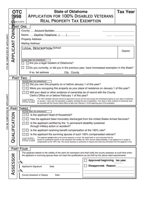 Fillable Form Otc998 Application For 100 Disabled Veterans Real