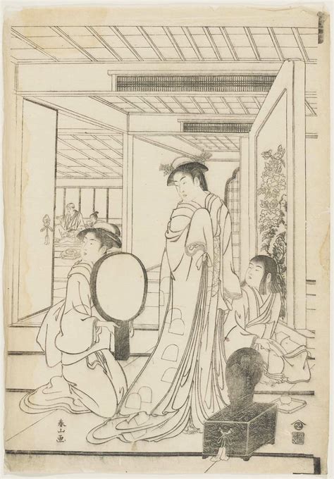 katsukawa shunzan on veranda of teahouse overlooking the sea triptych museum of fine arts